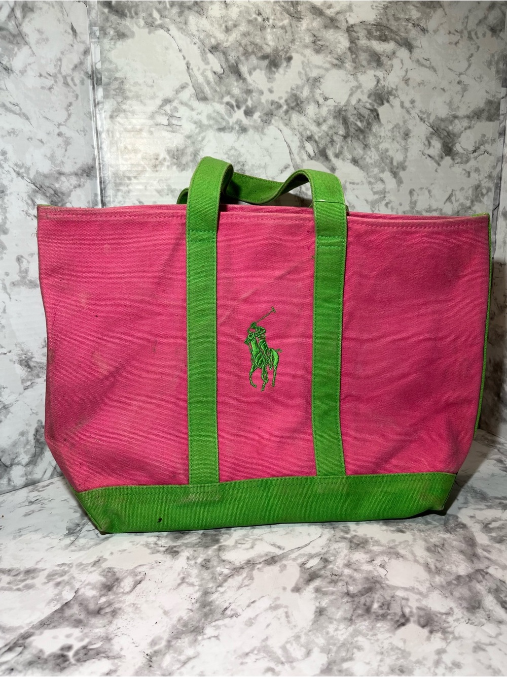 Vintage Ralph Lauren Hot Pink Canvas Tote with Green Trim